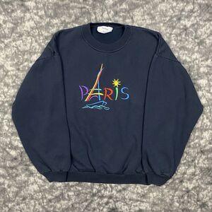 VTG Paris Embroidered Sweatshirt Size Large Crewneck France Sail Black 90s